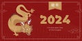 Happy chinese New Year 2024 horizontal cover. China gold dragon zodiac sign on red rice fields background. Asian festive Royalty Free Stock Photo