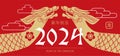 Happy Chinese new year 2024 horizontal minimalistic banner with the golden dragon zodiac sign with flower, clouds, Asian