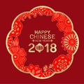 Happy Chinese new year 2018 and lantern text in abstract red and gold paper cut flower art in circle frame on red background vect