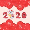 Happy Chinese New Year 2020 with little mouse holding a fish and snow flake on red sky winter season background Royalty Free Stock Photo