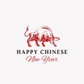 Happy Chinese New Year 2021 Logo, Emblem or Greeting Card Template. Hand Drawn Black Bull or Ox Zodiac Sign with