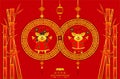 Happy chinese new year.male female piglet in circle sign.8 infinity unlimited lucky rich.Xin Nian Kual Le characters for CNY