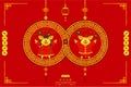 Happy chinese new year.male female piglet in circle sign.8 infinity unlimited lucky rich.Xin Nian Kual Le characters for CNY