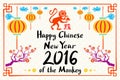 2016 Happy Chinese New Year of the Monkey with China cultural element icons making ape silhouette composition. Eps 10 vector. Royalty Free Stock Photo