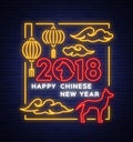 Happy Chinese New Year 2018. Neon sign, emblem, symbol. A glowing banner, a bright night sign in neon style. Praznovanie