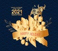 Happy chinese new year 2021 of the ox. Gold zodiac sign, gold floral bouquet decoration for greetings card, invitation, posters,