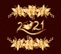 Happy chinese new year 2021 of the ox. Gold zodiac sign, gold floral bouquet decoration for greetings card, invitation, posters,
