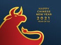 Happy chinese new year 2021 year of ox. Red ox in the dark blue background in paper cut style. Suitable for graphic, banner, card Royalty Free Stock Photo