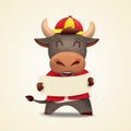 Happy Chinese new year 2021 Ox zodiac. Cute cow character in red costume