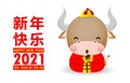 Happy Chinese new year 2021 of the ox zodiac poster design with cow, firecracker and lion dance. the year of the ox greeting card Royalty Free Stock Photo