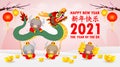 Happy Chinese new year 2021 of the ox zodiac poster design with Cute cow firecracker and dragon dance. the year of the ox greeting Royalty Free Stock Photo