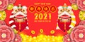 Happy Chinese new year 2021 the year of the ox zodiac poster design with cute little cow firecracker and lion dance greeting card Royalty Free Stock Photo