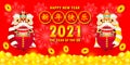 Happy Chinese new year 2021 the year of the ox zodiac poster design with cute little cow firecracker and lion dance greeting card Royalty Free Stock Photo