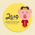 Happy Chinese new year 2019 Year of the pig with cute cartoon chinese pig charactor in yellow circle banner vector design