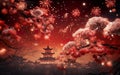 Happy Chinese New Year poster. Night scene with red sakura, pagoda and fireworks. Royalty Free Stock Photo