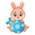 Happy Chinese New Year of rabbit. Bunny character with Christmas holiday tree ball toy. Hare animal. China horoscope. Vector