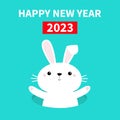Happy Chinese New Year 2023. The year of the rabbit. Bunny waving paw print hand. Rabbit hole. Cute cartoon kawaii funny baby