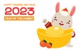 Happy chinese New Year 2023, year of the Rabbit. Celebration banner with rabbit animal zodiac mascot and golden boat yuanbao ingot