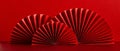 Happy Chinese New Year 2023 year of the rabbit concept. Oriental asian style paper fans on red table. Minimal style