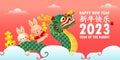 Happy Chinese new year 2023 year of the rabbit, cute Little bunny performs dragon Dance, gong xi fa cai, greeting card Cartoon