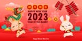 Happy Chinese new year 2023 year of the rabbit, cute Little bunny performs dragon Dance, gong xi fa cai, greeting card Cartoon