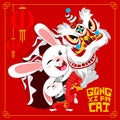Happy chinese new year 2023 Year of the rabbit. Cute white rabbit playing lion dance.