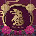 2023 Happy Chinese new year of rabbit golden purple relief peony flower lantern window frame Royalty Free Stock Photo