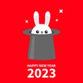 Happy Chinese New Year 2023. The year of the rabbit. White bunny in magic hat. Sining stars. Funny head face icon. Big ears. Cute Royalty Free Stock Photo