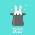 Happy Chinese New Year 2023. The year of the rabbit. White bunny in magic hat. Sining stars. Funny head face icon. Big ears. Cute Royalty Free Stock Photo