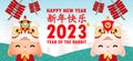 Happy Chinese new year 2023 year of the rabbit zodiac design with two little bunny greeting gong xi fa cai, brochure, calendar