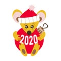 Happy chinese New year 2020 Rat zodiac sign. Cute yellow mouse in a santa hat hugs holds a Christmas tree red ball. Isolated on a Royalty Free Stock Photo