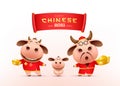 Happy Chinese new year 2021 red banner, little ox family holding chinese gold, red cheongsam dress, character zodiac cartoon