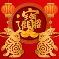 2023 Happy Chinese new year relief rabbit and golden ingot lantern. Chinese Translation : bring in wealth and treasure