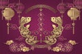 Happy Chinese new year retro gold purple relief fish cloud wave