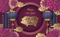 Happy Chinese new year retro gold purple relief flower lantern p Royalty Free Stock Photo