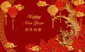 Happy Chinese new year retro gold relief dragon flower lantern cloud and round lattice tracery frame