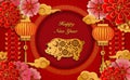 Happy Chinese new year retro gold relief flower lantern pig cloud firecrackers and lattice round frame Royalty Free Stock Photo