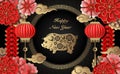 Happy Chinese new year retro gold relief flower lantern pig cloud firecrackers and lattice round frame