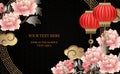 Happy Chinese new year retro gold relief peony flower lantern cloud and round lattice tracery frame Royalty Free Stock Photo