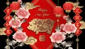 Happy Chinese new year retro gold relief peony flower lantern pig cloud and spring couplet Royalty Free Stock Photo