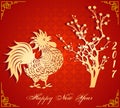 Happy Chinese New Year 2017 of the Rooster - lunar - with firecock and plum blossom