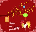 Happy Chinese New Year 2017 of the Rooster - lunar - with firecock and plum blossom