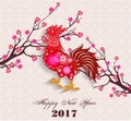 Happy Chinese New Year 2017 of the Rooster - lunar - with firecock and plum blossom