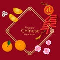 Happy Chinese new year with the sacred is Gold money , orange fruit , Peach blossom and firecracker Chinese word mean blessing o