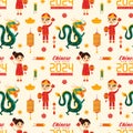 Happy Chinese New Year 2024 Seamless Pattern Design. Translation : Year of the Dragon. with Lantern, Dragons and China Elements