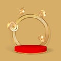 Happy Chinese New Year. Stage for product on cylinder podium with Asian traditional coins. Chinese gold coin with square hole.