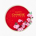 Happy chinese new year text in circle banner with pink flower Peach blossom and gold frame on white chinese background Royalty Free Stock Photo