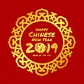 Happy chinese new year 2019 text in Gold Chinese circle frame on red background card vector design Royalty Free Stock Photo