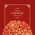 Happy chinese new year text in red gold flower blossom are half circle and china frame on red texture background vector design