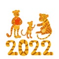 Happy Chinese New Year Tiger 2022 poster. Cartoon funne cute happy family of Tigers with gift box. Vector illustration Royalty Free Stock Photo